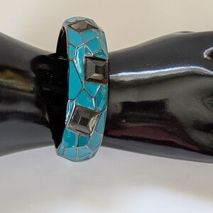 Vintage Hinged Cuff Bracelet Teal Mosaic Enamel Smokey Accents Boho Gypsy Bangle